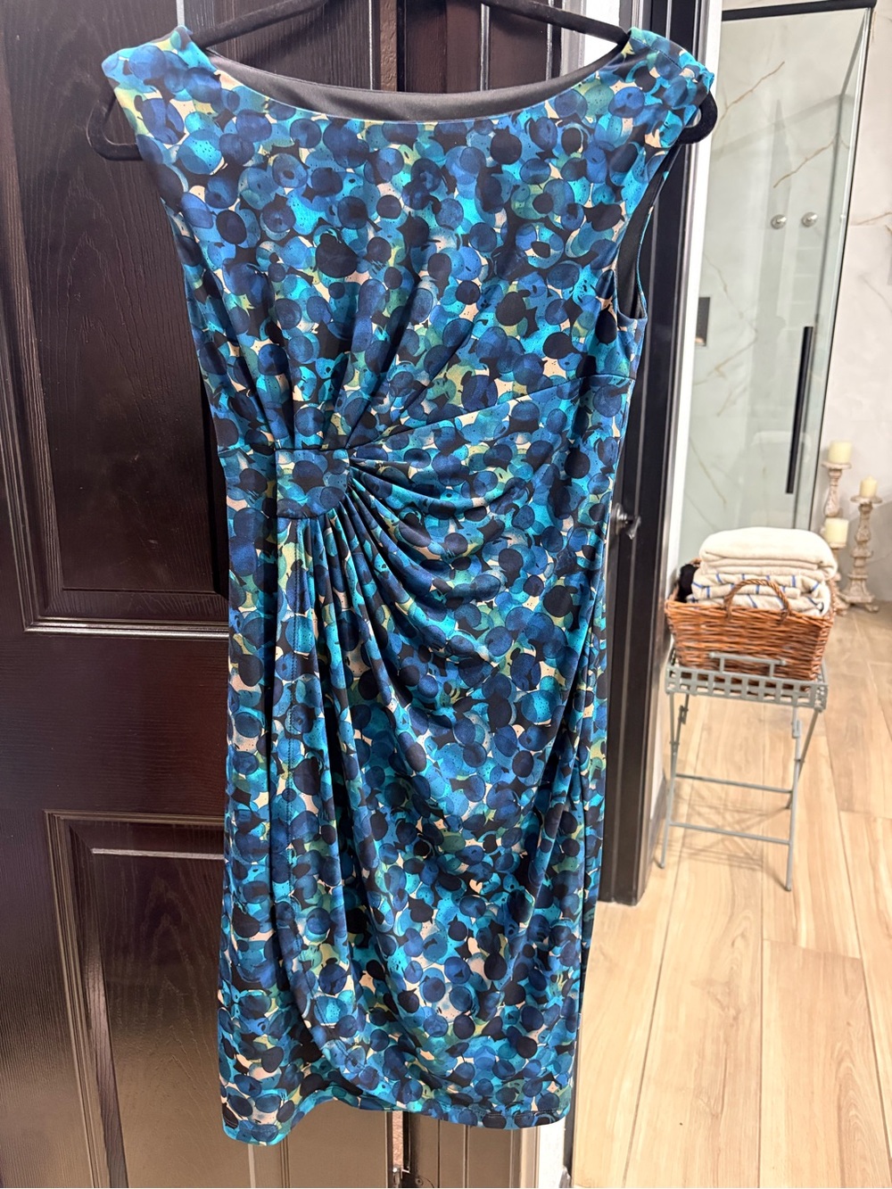 connected apparel Blue Teal Patterned Ruched Midi Dress